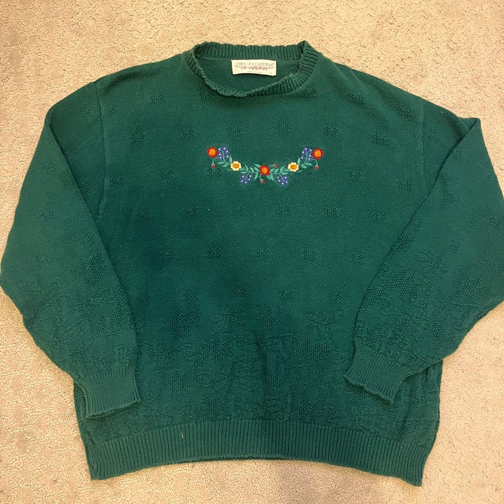 Vintage Embroidered Sweater Green Women’s Large Chelsea Gardens 100% Cotton